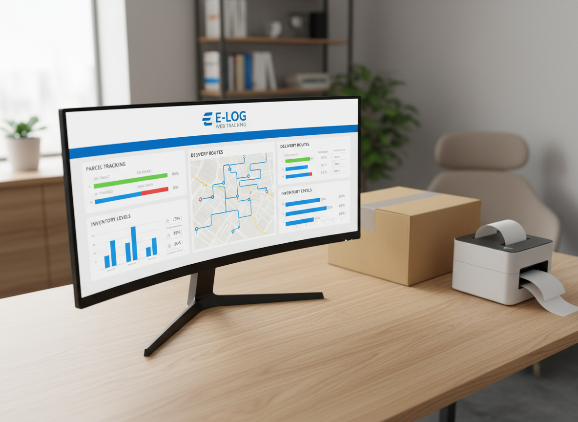 A sleek workstation dedicated to logistics management, featuring a modern ultra-wide monitor displaying a clean, colorful dashboard of parcel tracking statuses, delivery routes, and inventory levels. The screen sits on a light oak desk beside a closed, unbranded cardboard shipping box and a compact thermal label printer with freshly printed labels extending from the slot. Soft, diffused daylight enters from an unseen window, producing gentle reflections on the monitor’s glass and subtle shadows along the desk’s edge. Photographic realism, captured from a slightly elevated three-quarter angle with moderate depth of field, so the background blurs into a minimalist office environment. The mood is focused, digital, and efficient, emphasizing E-LOG’s web tracking tool and modern logistics technology.
