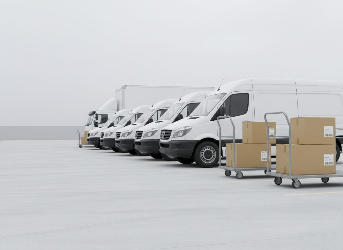 A pristine delivery loading zone at the rear of a contemporary logistics hub, where a row of unmarked white delivery vans and a larger box truck are precisely aligned beside a clean, light-grey concrete dock. Sturdy rolling carts loaded with uniformly packed cardboard boxes await loading, their barcoded labels clearly visible. Bright but soft overcast daylight evenly illuminates the scene, reducing harsh shadows and giving the vehicles a smooth, glossy appearance. The sky is a pale, neutral backdrop, ensuring visual focus on the vehicles and parcels. Photographic realism, wide-angle composition from a slightly low perspective, with sharp focus across the entire frame. The atmosphere is professional, adaptable, and ready, emphasizing flexible delivery solutions for both professionals and individuals.