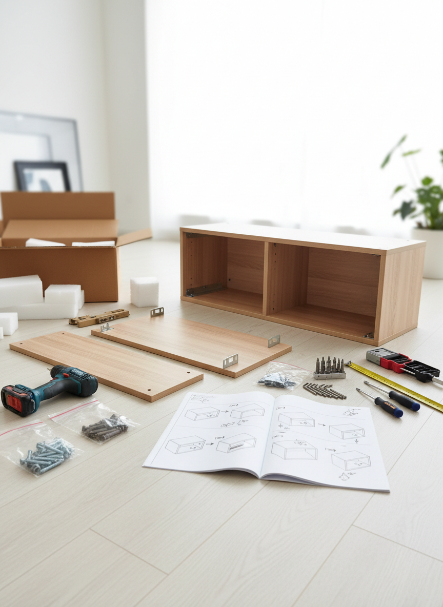Une image illustrant le montage de meuble, avec des outils, des pièces de meuble et un schéma de montage visibles sur un sol ou un plan de travail, sans aucune personne humaine dans la scène, style photo réaliste, ambiance claire et professionnelle.